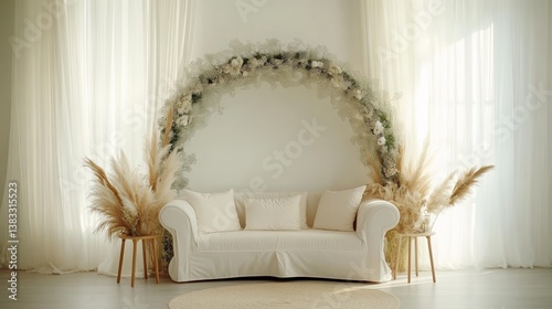 Modern living room with white sofa, green arch, and dried flowers, embodying minimalistic elegance and natural simplicity.