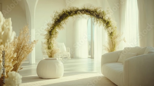 Modern living room with white sofa, green arch, and dried flowers, embodying minimalistic elegance and natural simplicity.