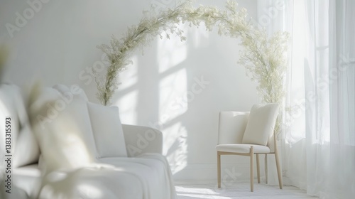 Modern living room with white sofa, green arch, and dried flowers, embodying minimalistic elegance and natural simplicity.