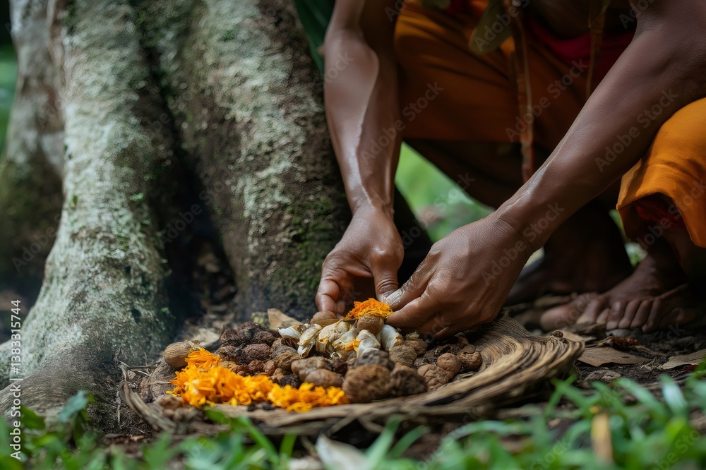 Balinese shaman preparing a traditional offering with flowers, nuts, and spices at the base of a sacred tree in a rainforest Balinese shaman preparing a traditional offering with flowers, nuts, and spices at the base of a sacred tree in a rainforest