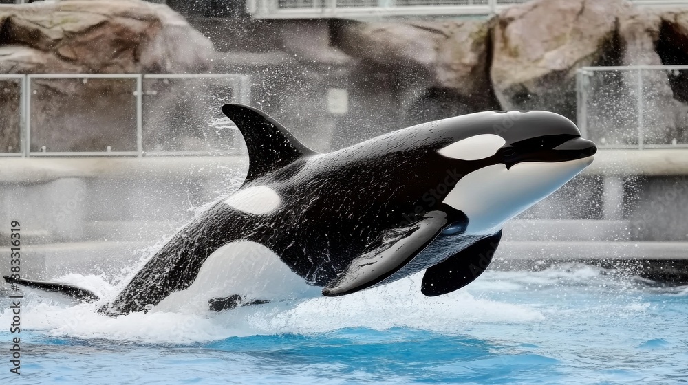 Orca whale jumping out of water in a pool at a marine park