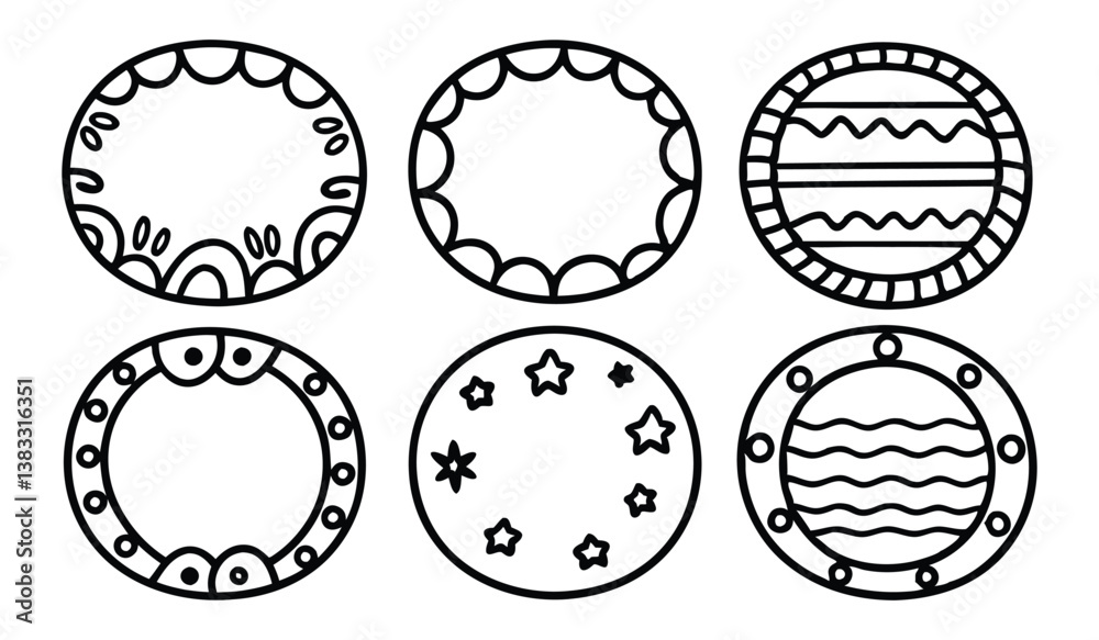 hand drawn circle doodle sketch frame set isolated