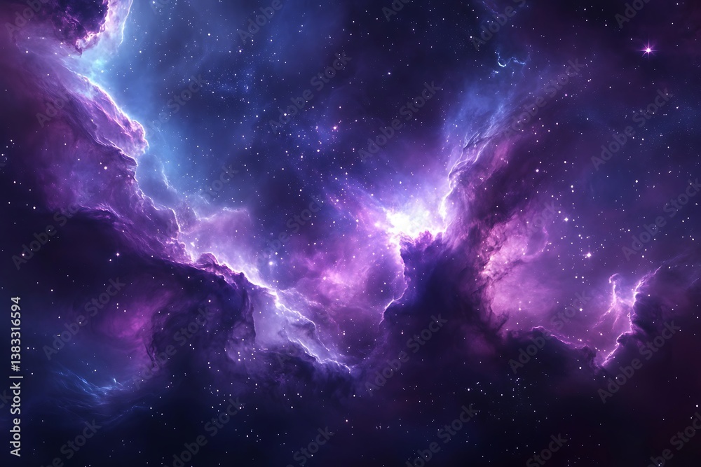 Fototapeta premium A breathtaking cosmic vista of swirling purple and blue nebulae illuminated by distant stars showcases the vast beauty and mystery of deep space.