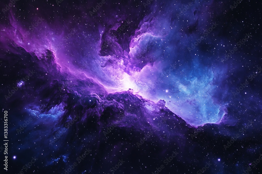 Fototapeta premium A breathtaking cosmic vista of swirling purple and blue nebulae illuminated by distant stars showcases the vast beauty and mystery of deep space.
