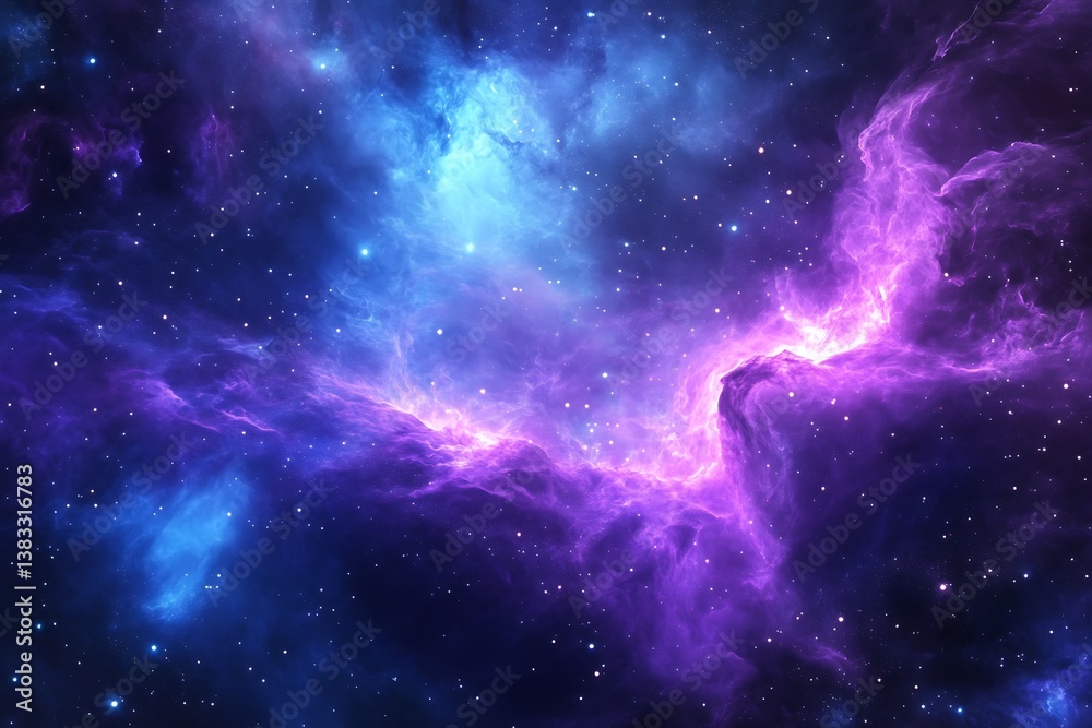 Fototapeta premium A breathtaking cosmic vista of swirling purple and blue nebulae illuminated by distant stars showcases the vast beauty and mystery of deep space.