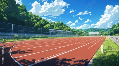 Sunny day track, rural setting, hills background, athletic event