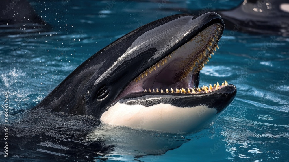 Killer whale opening its mouth showing its teeth