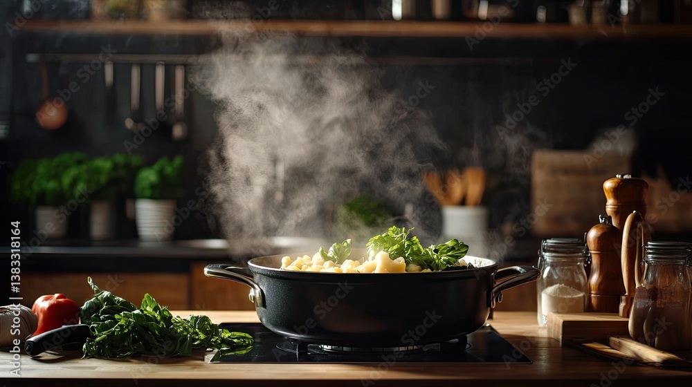 Fresh Ingredients Cooking in a Pan with Steam in a Kitchen Setting Fresh Ingredients Cooking in a Pan with Steam in a Kitchen Setting