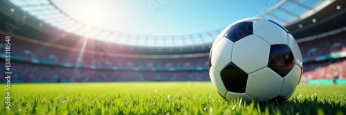 Soccer ball on green field in stadium at daytime