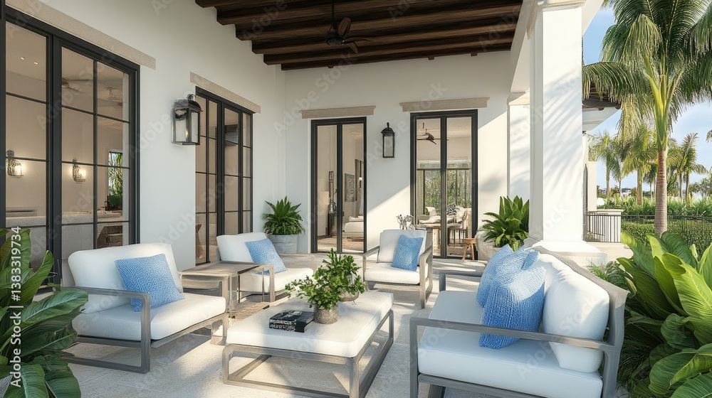 Fototapeta premium A cozy patio with soft blue throw pillows, white seating, and tropical greenery.
