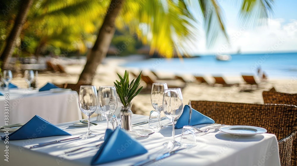 Fototapeta premium A dining setup on the beach with white tableware, blue napkins, and green palm leaves.