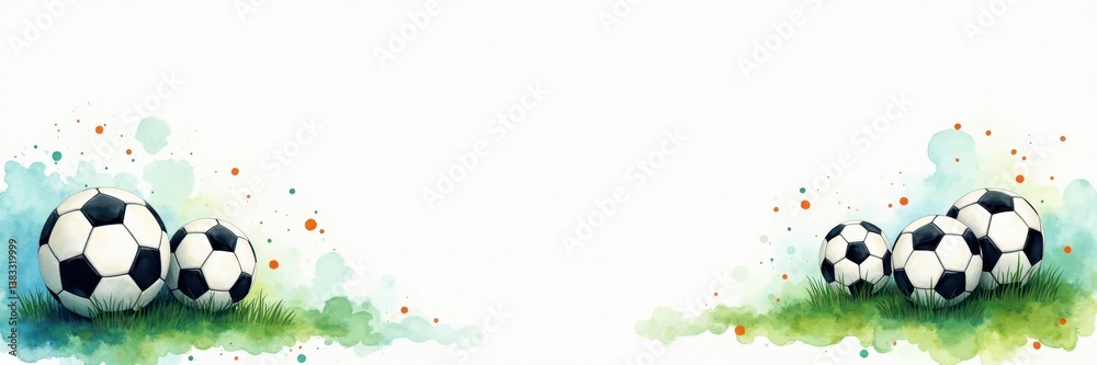 Naklejka premium Watercolor Soccer Balls on Green Field Banner