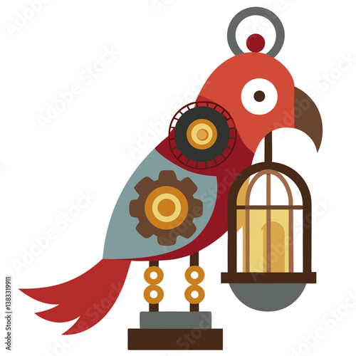 A parrot in a steampunk aviary