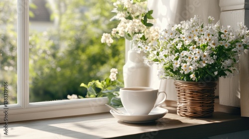 Cozy Coffee Moment by the Window with Flowers and Natural Light