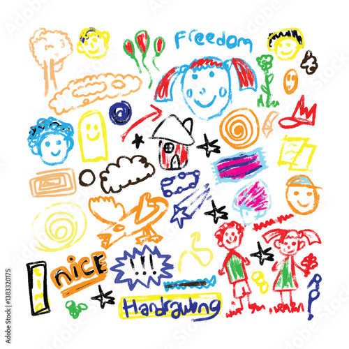 crayons and pencil texture, fun cute for children drawing style