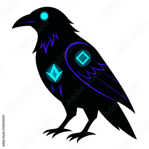 A raven with glowing runes etched into its feathers