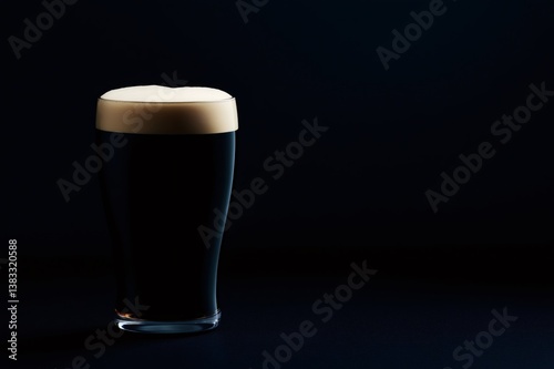 Pint glass of dark stout beer with thick creamy head on black background, creating a dramatic and inviting image