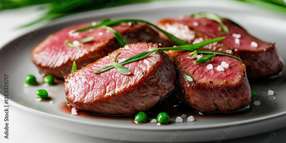 A close-up view of perfectly cooked beef, garnished with herbs and salt, served on a round plate with green peas. A close-up view of perfectly cooked beef, garnished with herbs and salt, served on a round plate with green peas.