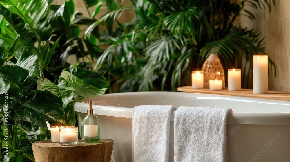 Obraz premium Serene Bathroom Oasis with Plants, Candles, and White Bathtub