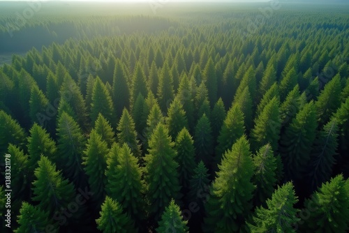 Lush green forest landscape at dawn in nature
