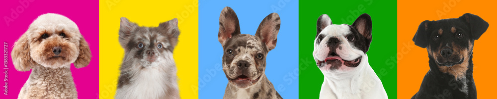 Funny dogs on different colors backgrounds, collage of pet portraits Funny dogs on different colors backgrounds, collage of pet portraits