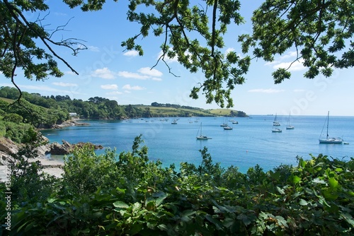 Sailing yachts in the Helford River at the Cornwall Coast in England as seen from Trebah Botanical Gardens