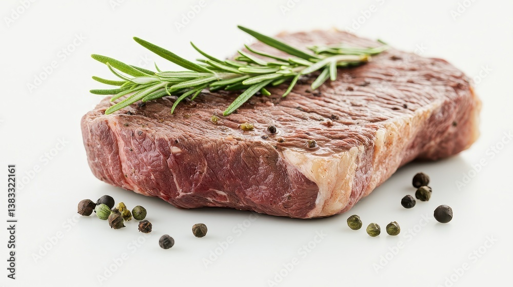A fresh cut of meat garnished with rosemary and peppercorns, showcasing rich marbling and inviting textures. A fresh cut of meat garnished with rosemary and peppercorns, showcasing rich marbling and inviting textures.