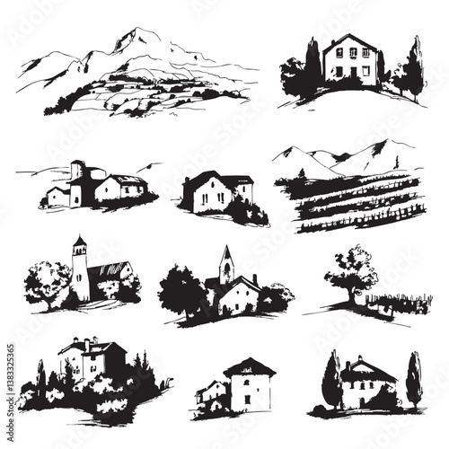 Vineyards landscapes sketched abstract digital illustration