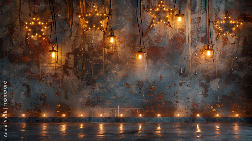 Obraz premium Stunning industrial loft with star lights and warm bulbs