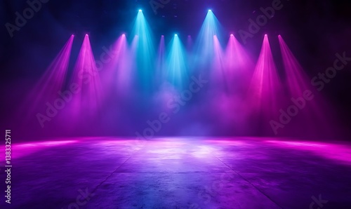 Bright pink and blue stage lights shining down on an empty stage, creating a dramatic and vibrant atmosphere for a performance or event