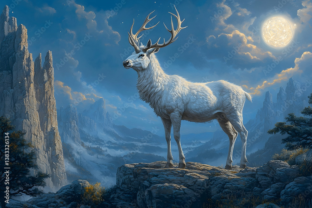 Obraz premium A majestic white deer stands atop a rocky mountain at night
