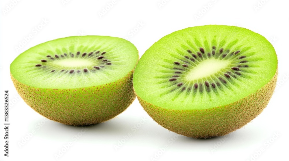 Fresh Kiwi Halves with Vibrant Green Texture and Seeds, Isolated on White Background Fresh Kiwi Halves with Vibrant Green Texture and Seeds, Isolated on White Background