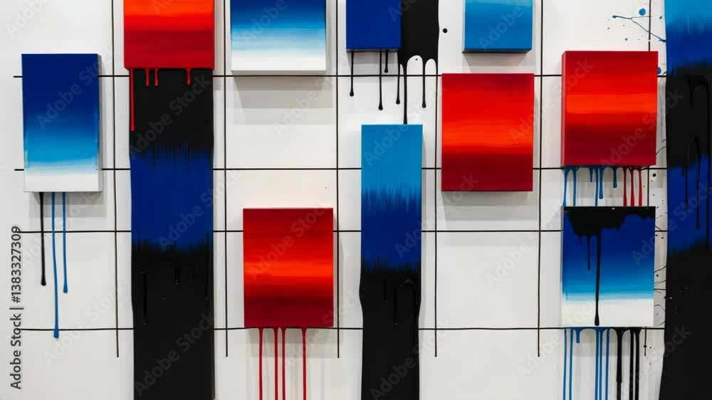 Geometric abstraction with vibrant gradients and flowing ink in square forms presentation