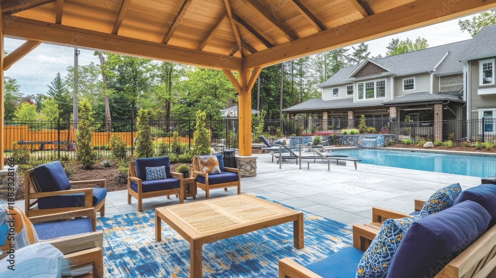 Fototapeta premium A poolside pavilion with wooden furniture, bright-colored seating, and natural fiber rugs.