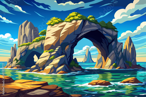 Green island cartoon in endless turquoise sea at sundown, rocky island with grand stone arches over clear blue waters under a bright sky