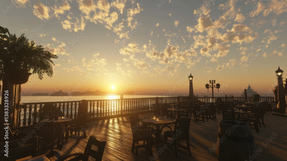 Obraz premium A romantic sunset caf with a wooden deck facing the ocean waves.