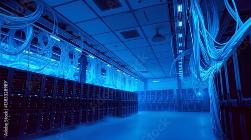 Futuristic Data Center with Blue Illuminated Network Cables and Server Racks in High-Performance Computing Facility