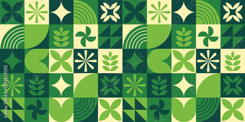 Seamless Geometric Pattern with Green Eco Elements. Abstract Nature Background for Sustainable Design