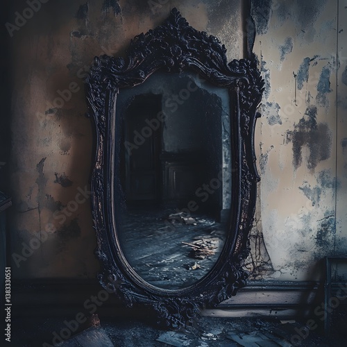 Ornate mirror reflecting a haunted room