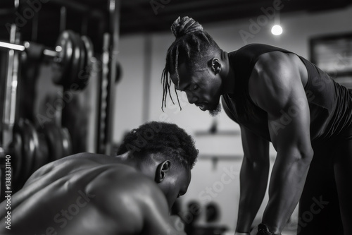 Black and white image of a fitness coach motivating his client during a challenging workout in a gym