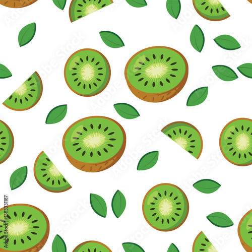 Seamless kiwi pattern with green slices and leaves on a white background. Perfect for packaging, textiles, wallpapers, and summer-themed projects