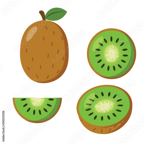 Set of fresh kiwi fruit illustrations including whole and sliced views, perfect for food design, healthy eating posters, recipe books, and educational materials