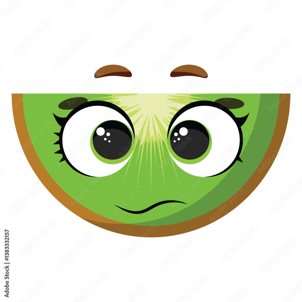 Cute green kiwi slice with big shiny eyes and shy expression, ideal for fruit-themed designs, healthy food content, kids’ illustrations, and fresh product branding Cute green kiwi slice with big shiny eyes and shy expression, ideal for fruit-themed designs, healthy food content, kids’ illustrations, and fresh product branding