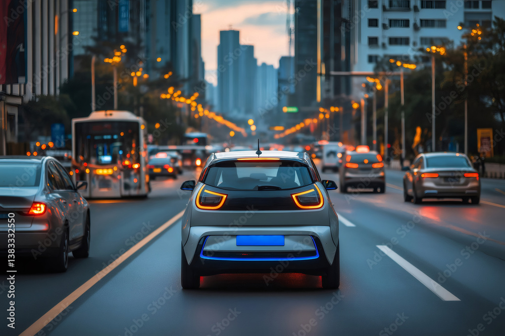 Modern electric vehicle driving on a busy city street during evening rush hour, showcasing sustainable urban transportation Modern electric vehicle driving on a busy city street during evening rush hour, showcasing sustainable urban transportation