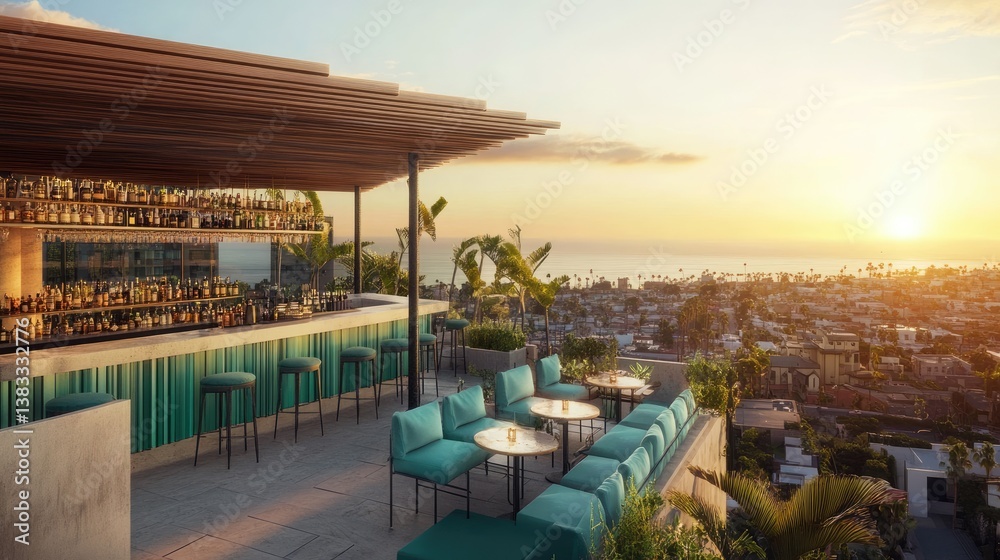 A trendy rooftop bar with teal and white seating, overlooking a coastal sunset.