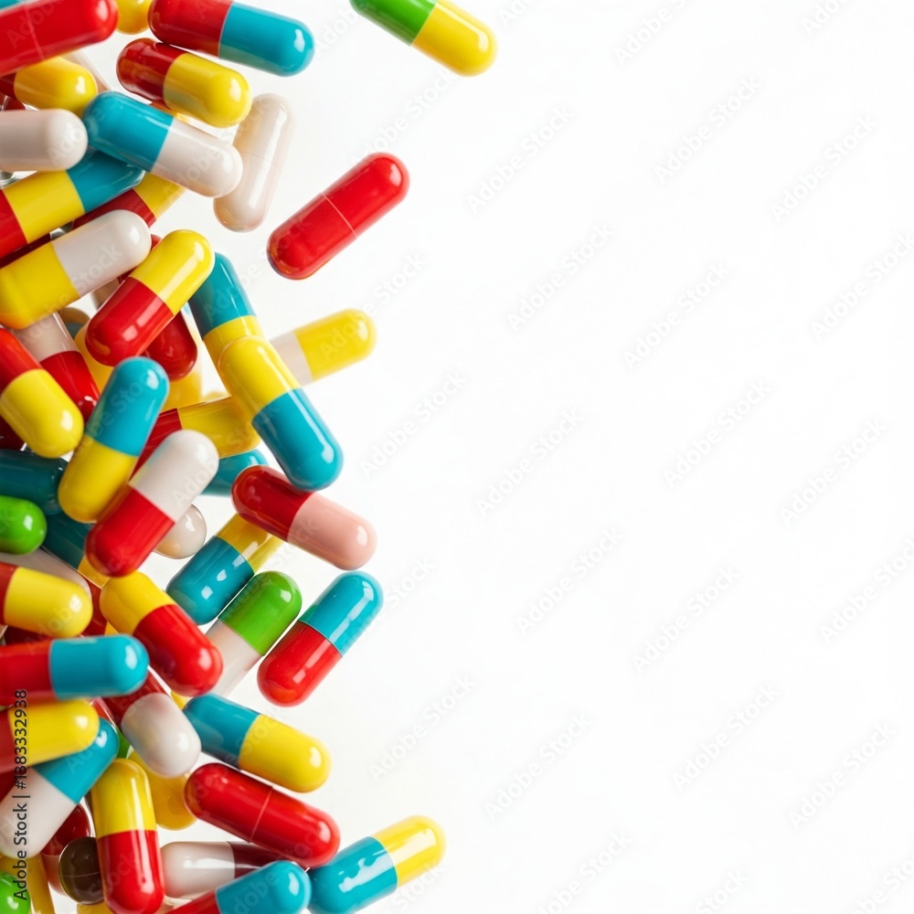 Capsules Colorful Pills Falling Clean Background Copy Space Capsules Colorful Pills Falling Clean Background Copy Space