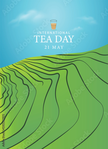 International Tea Day May 21 Green tea garden vector poster