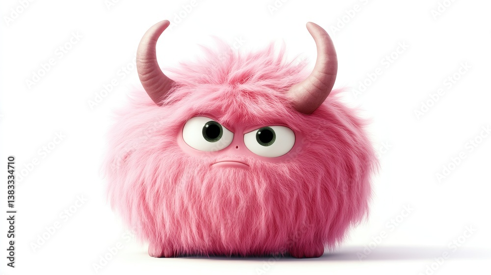 Fototapeta premium A pink fluffy cartoon monster with horns isolated on a white background. It is a funny mascot character, suitable for use in children's products or fantasy-themed designs.