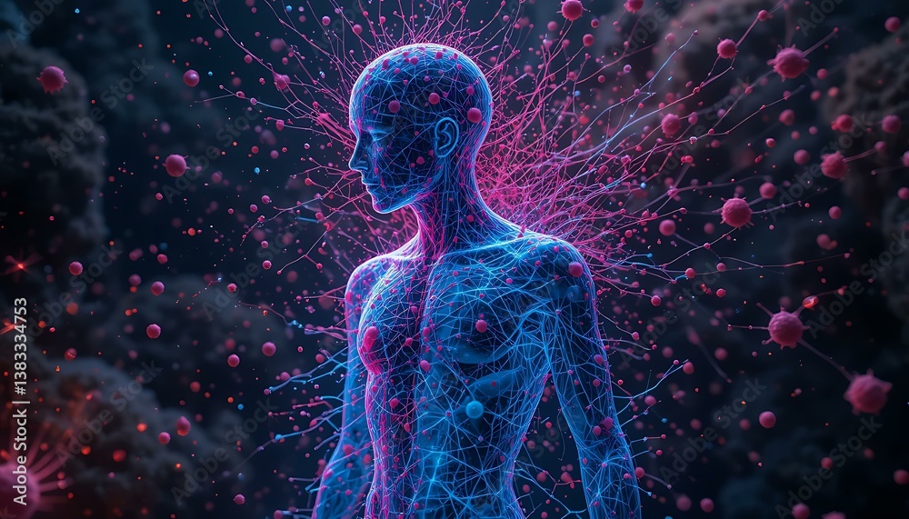 Naklejka premium Stunning 3D Render: Human Body & Cell Interaction Visualization