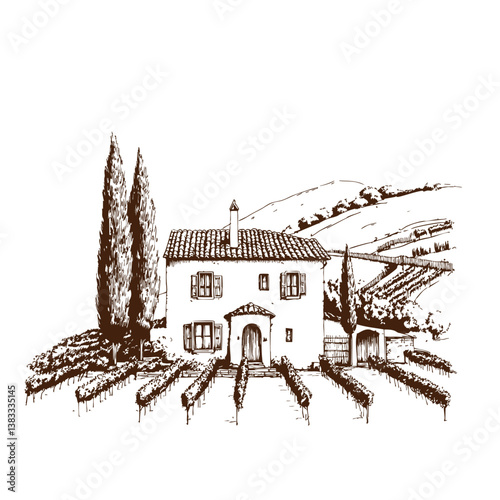 Vineyards landscapes sketched abstract digital illustration